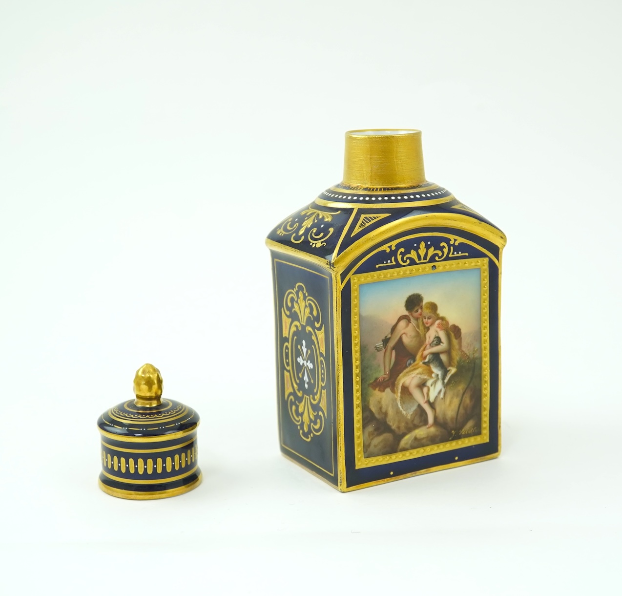 A Vienna style porcelain tea caddy and cover, late 19th century